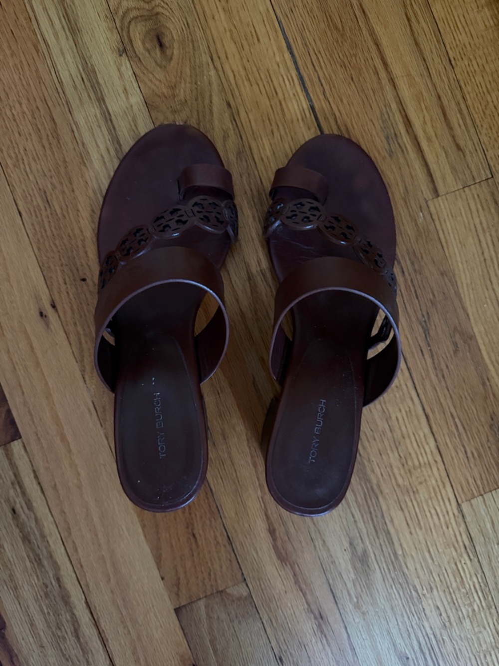Tory Burch Brown Leather Logo Cutout Slide Mules